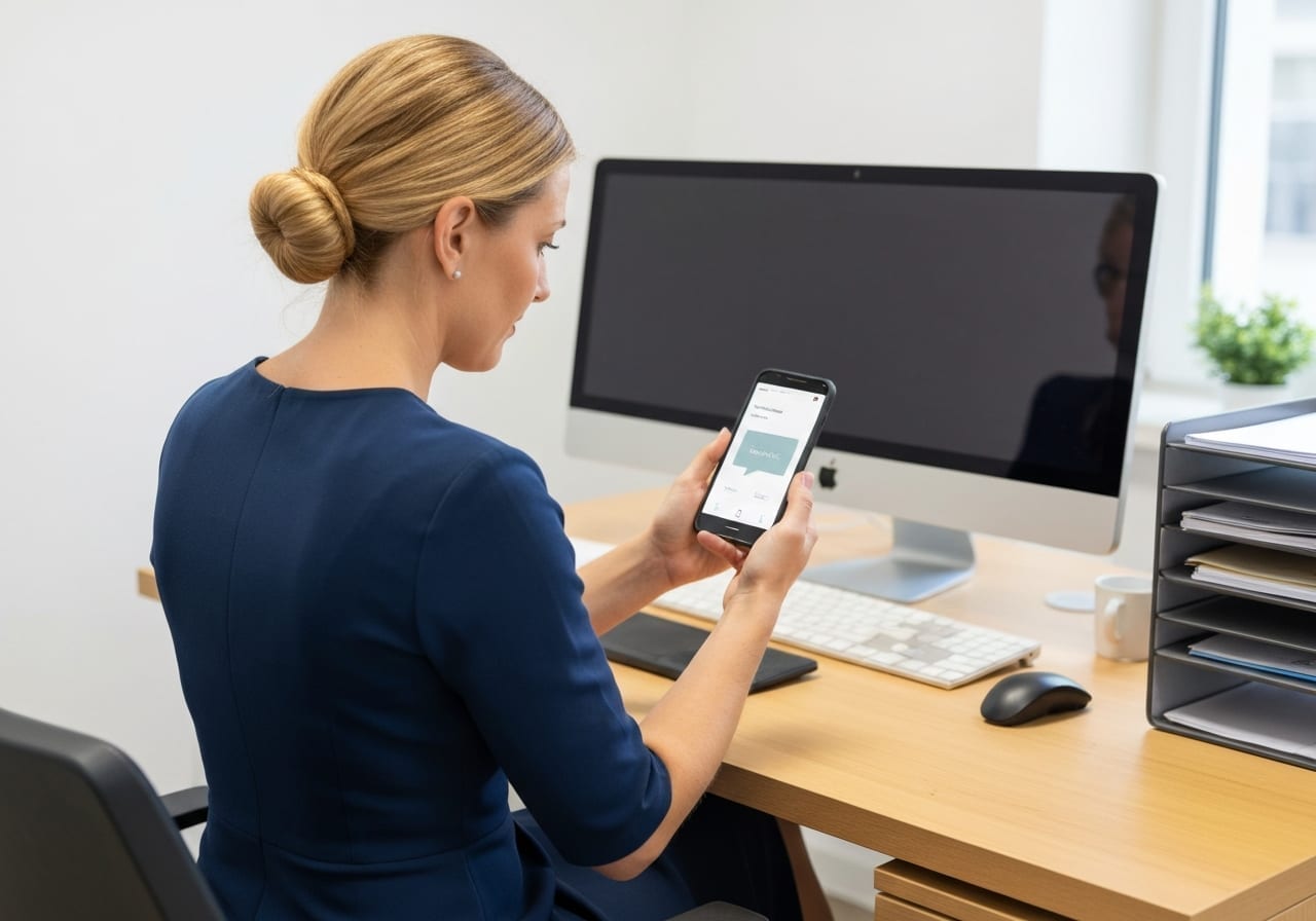 Unternehmer prüft Aufgabenstatus auf Smartphone am Schreibtisch
