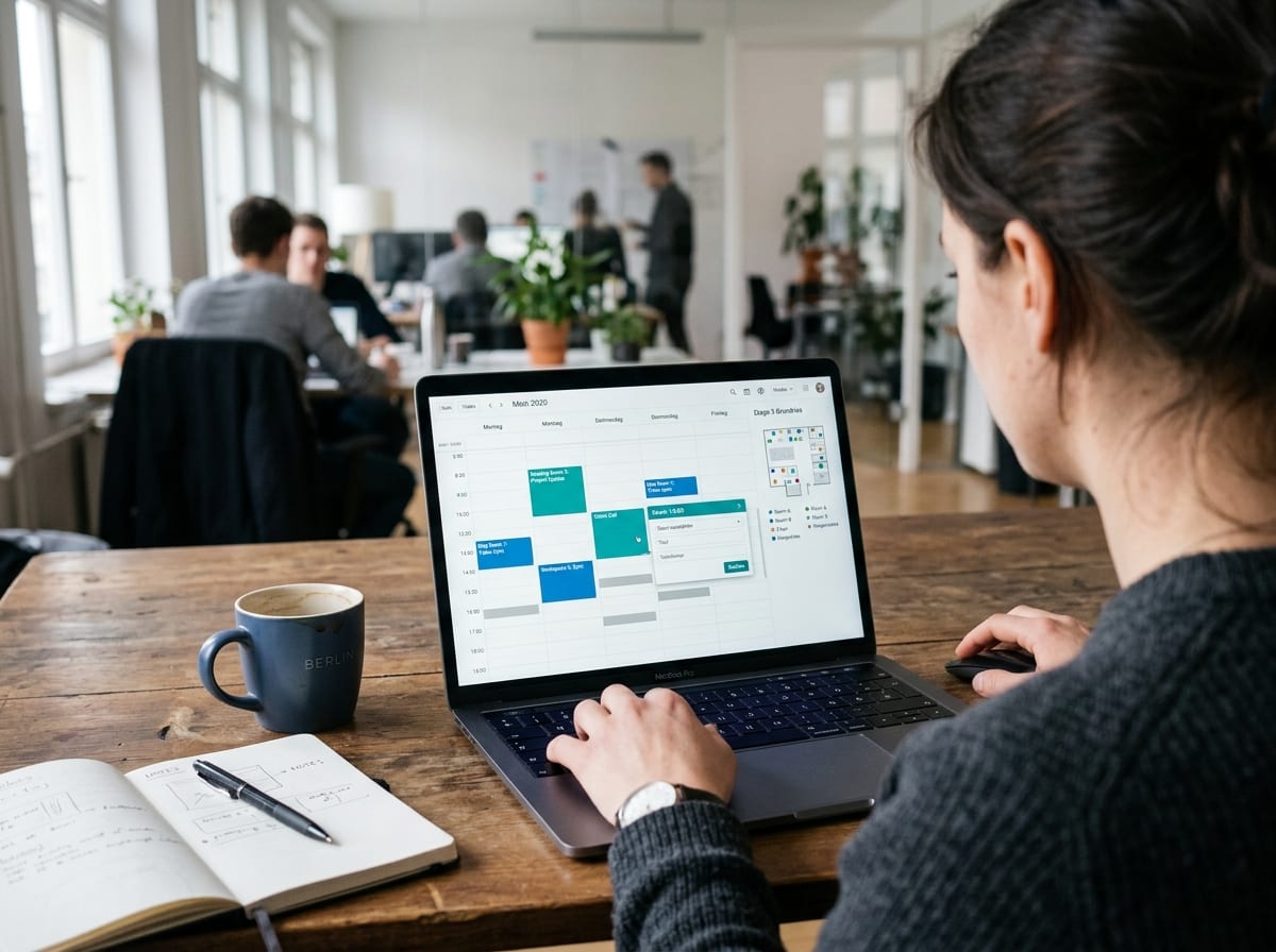 Person bucht am Laptop einen Besprechungsraum in einer Kalender-Wochenansicht