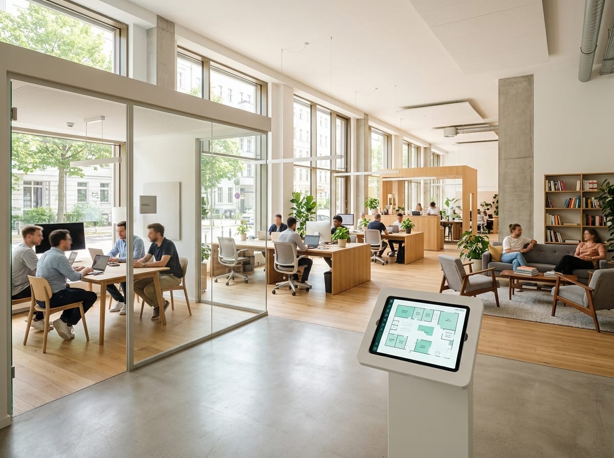 Moderner Coworking-Space mit buchbaren Räumen, Tischen und Sitzecken