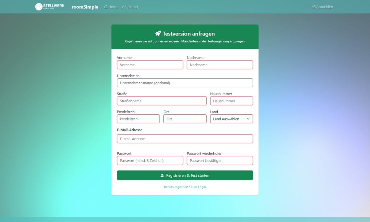 Screenshot aus RoomSimple: Registrierungsformular für die kostenlose Testversion